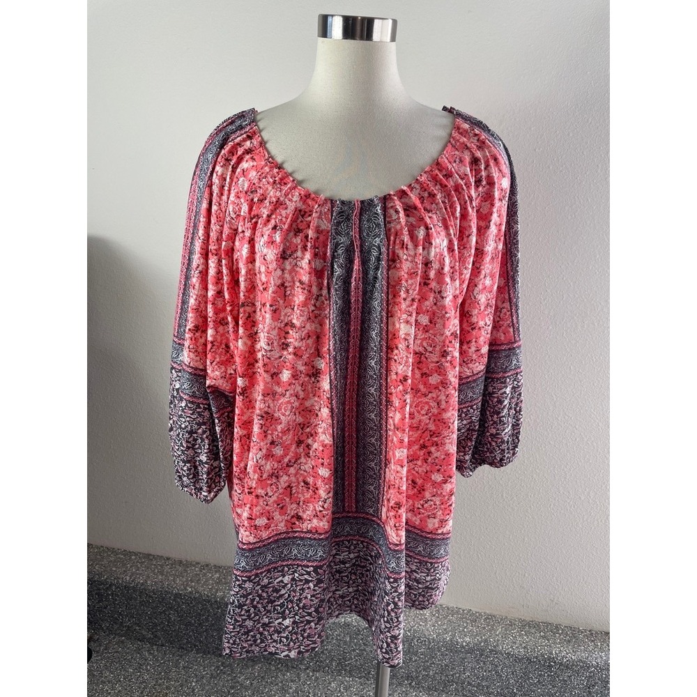 Suzanne Betro Womens Plus 2X Pink‎ Floral Paisley Peasant Blouse Top Boho Shirt